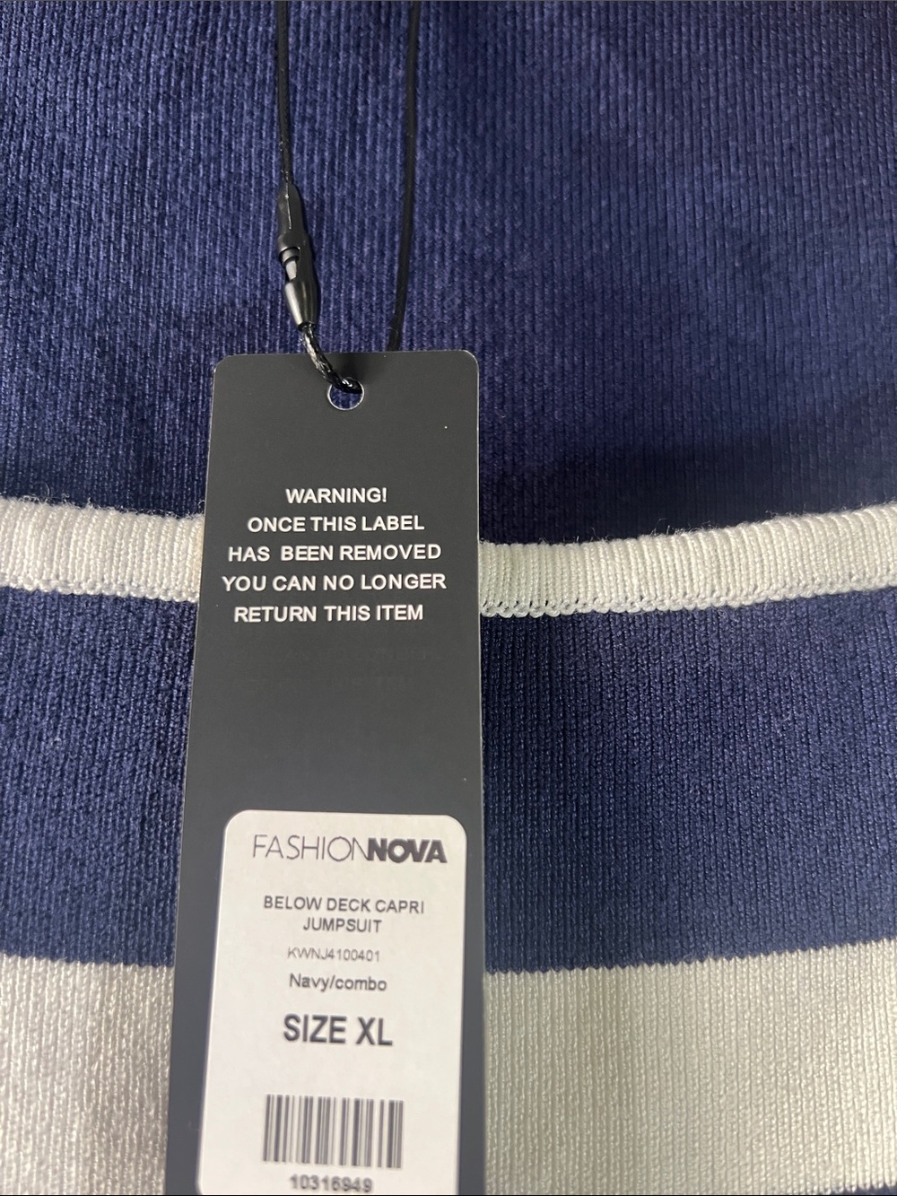 Fashion Nova Navy & White Striped Sleeveless Knit Jumpsuit - Picture 2 of 3